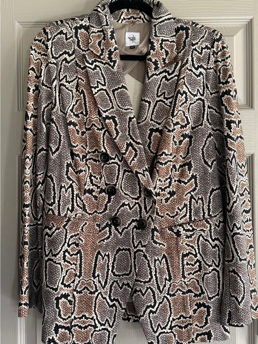 CAbi Double-Breasted Snake-Print Blazer in Brown, Black, and Cream